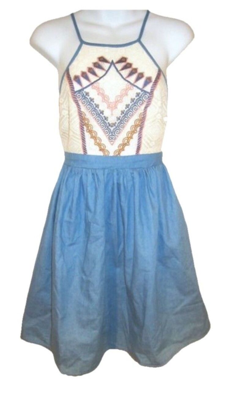 Flying Tomato Chambray Mini Dress With Embroidery Size XS Strappy Back Boho